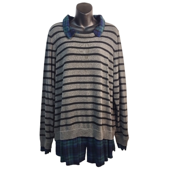 Intro. Sweater Women's Black/Green Plaid Hem Sweater Size 3X - Picture 1 of 8